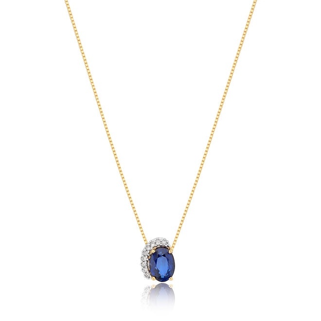 Gargantilha Gota Oval Safira Azul E Diamantes Ouro 18k Coliseu