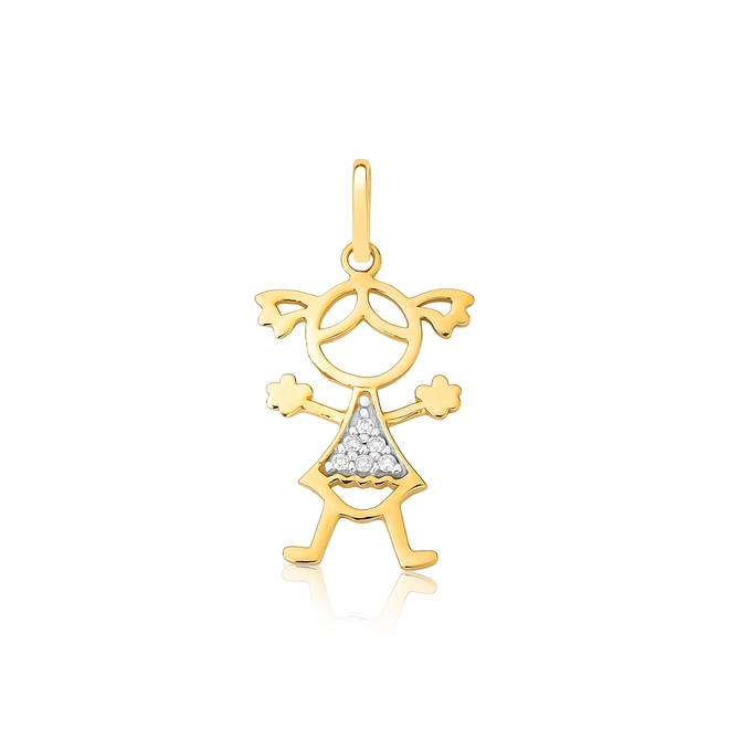 Pingente filhos boneca em ouro 18k menina vestido com 3pts de Diamantes 1