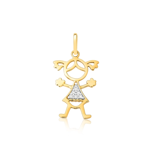 Pingente filhos boneca em ouro 18k menina vestido com 3pts de Diamantes