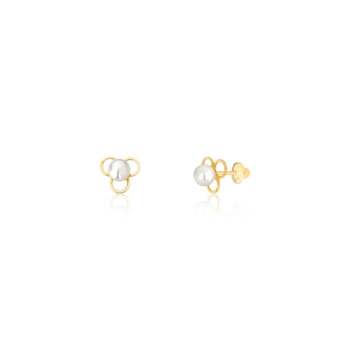 Brinco Essentials infantil de Pérola ouro 18k base três círculos vazados