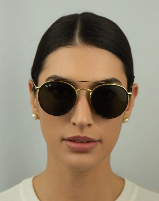 Óculos de Sol Ray-Ban Round Double Bridge RB3647NL 001 51 Metal Dourado com lentes na cor Verde 3
