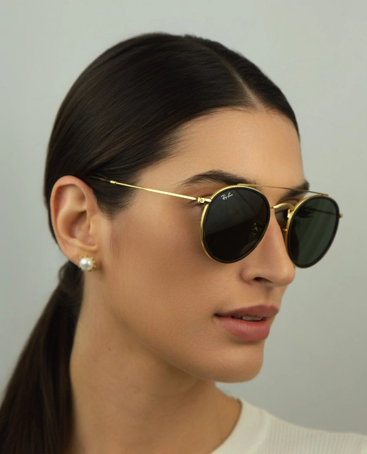 Óculos de Sol Ray-Ban Round Double Bridge RB3647NL 001 51 Metal Dourado com lentes na cor Verde 5