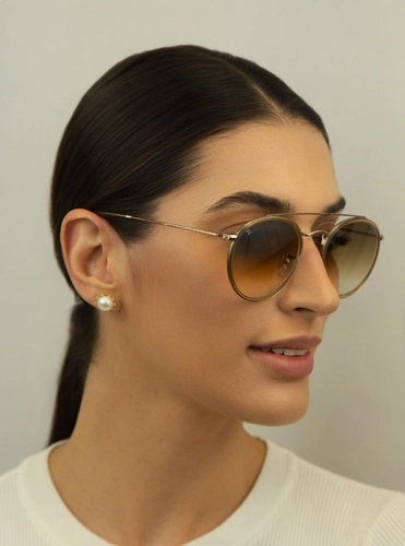 Óculos de Sol Ray-Ban Round Double Bridge 0RB3647NL 90705151 Metal Bronze com lentes na cor Marrom Degradê