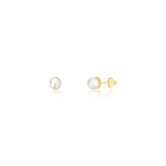 Brinco Essentials infantil rococó fio torcido em ouro 18k com Pérola de 3MM 1