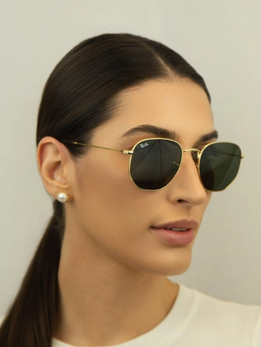Óculos de Sol Ray-Ban Hexagonal 0RB3548NL 001 54 Metal Dourado com lentes na cor Verde