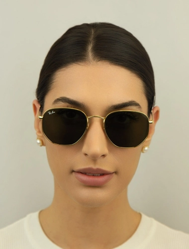 Óculos de Sol Ray-Ban Hexagonal 0RB3548NL 001 54 Metal Dourado com lentes na cor Verde