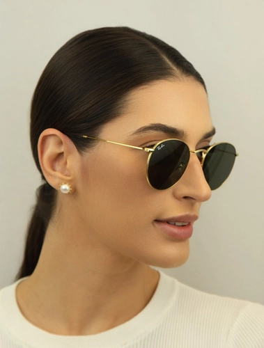 Óculos de Sol Ray-Ban Round Metal 0RB3447NL 001 53 Metal Dourado com lentes na cor Verde