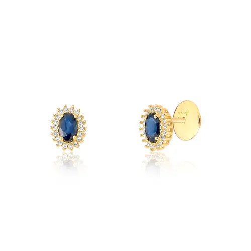 Brinco Liz Stud ouro 18k oval de Safira azul com Diamantes