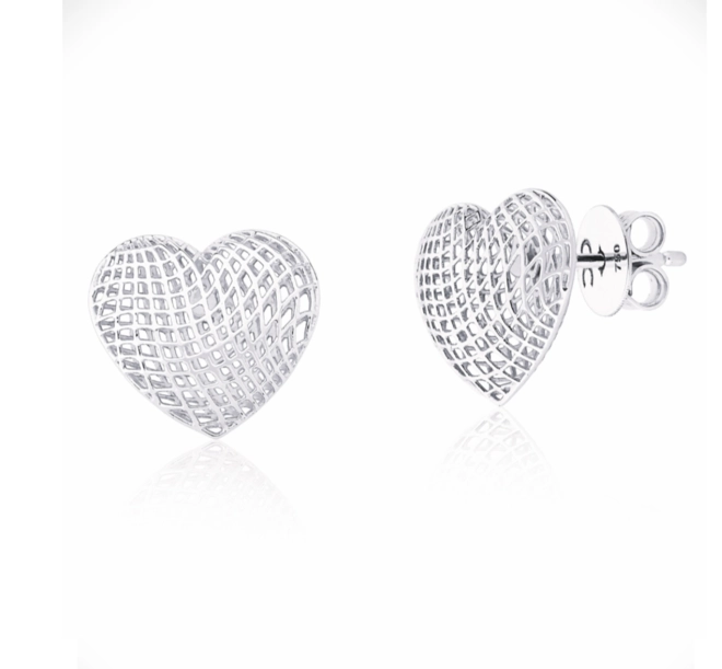 Brinco Too Love Stud coração ouro branco 18k rendado tramas 1