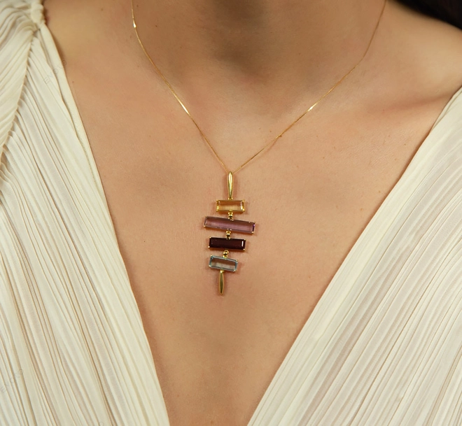 Pingente Baguettes articulado ouro 18k com mix Gemas Brasileiras 1