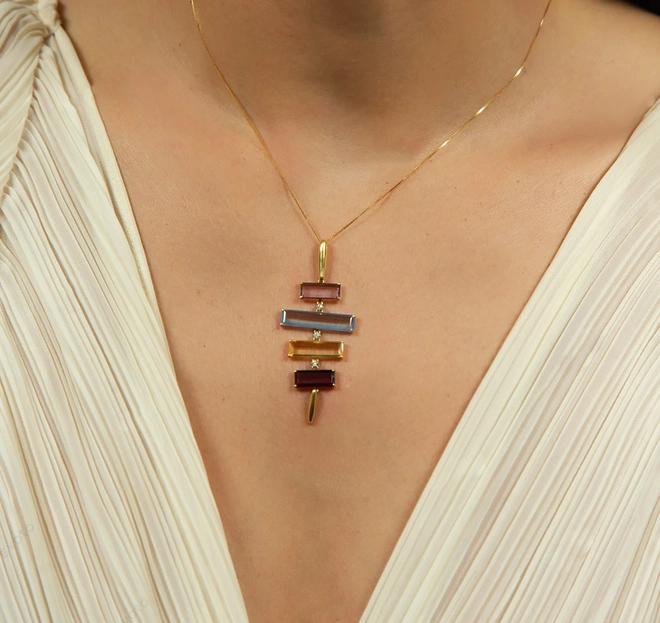 Pingente Baguettes articulado ouro 18k mix Gemas Brasileiras e Diamante 1