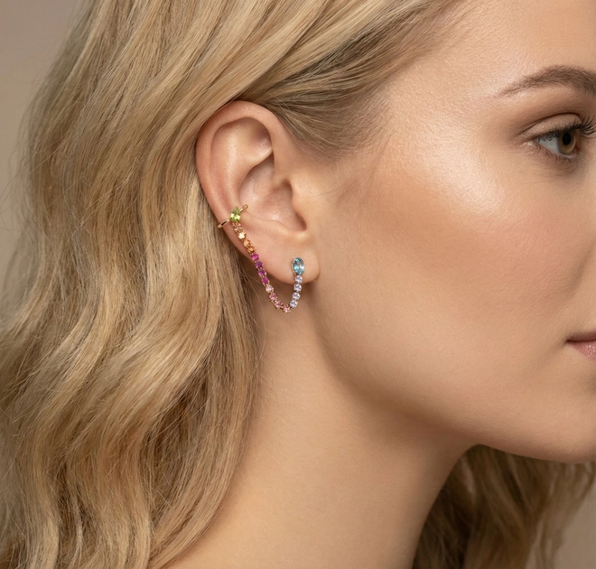 Brinco Paradis piercing de orelha gancho em ouro 18k com Mix de Gemas 2