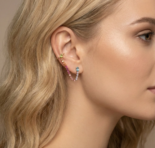 Brinco Paradis piercing de orelha gancho em ouro 18k com Mix de Gemas