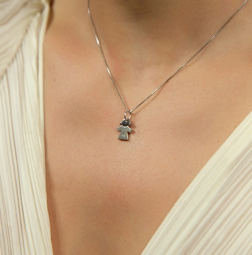Pingente filhos menina ouro branco 18k vestido fosco com 1pt de Diamante