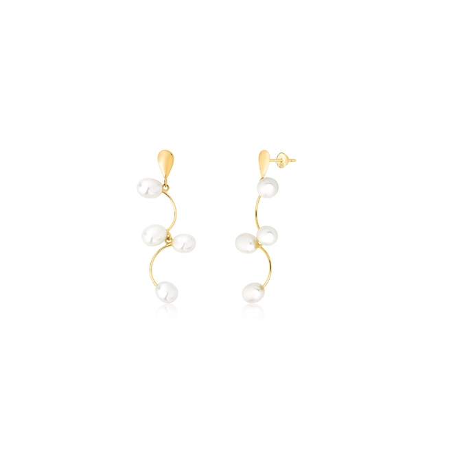 Brinco Essentials pingente galhos em ouro 18k com gotas de Pérola Biwa 1