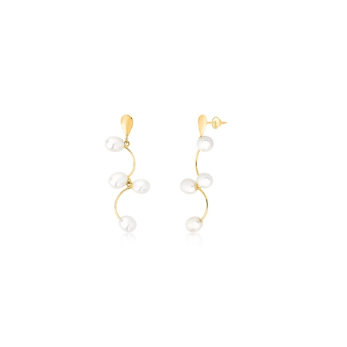 Brinco Essentials pingente galhos em ouro 18k com gotas de Pérola Biwa