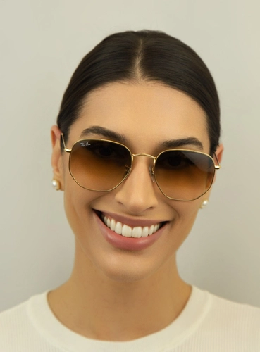 Óculos de Sol Ray-Ban Hexagonal 0RB3548 001/51 54 Metal Dourado com lentes na cor Marrom