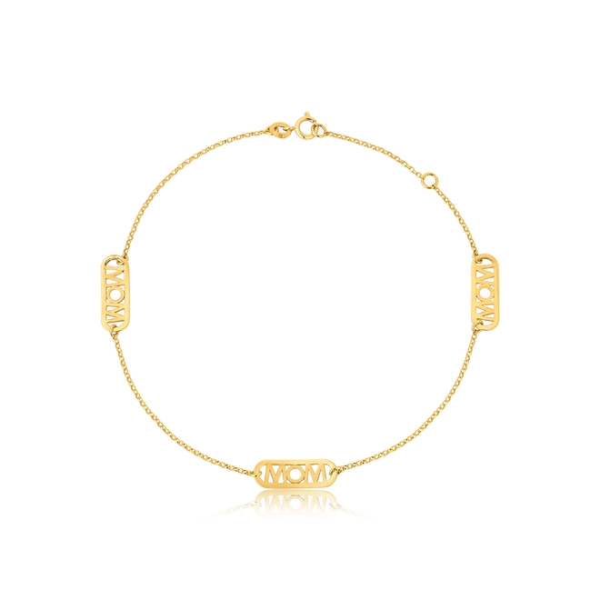 Pulseira Wow Mom de elos ouro 18k intercalada com placas monograma Mom 1