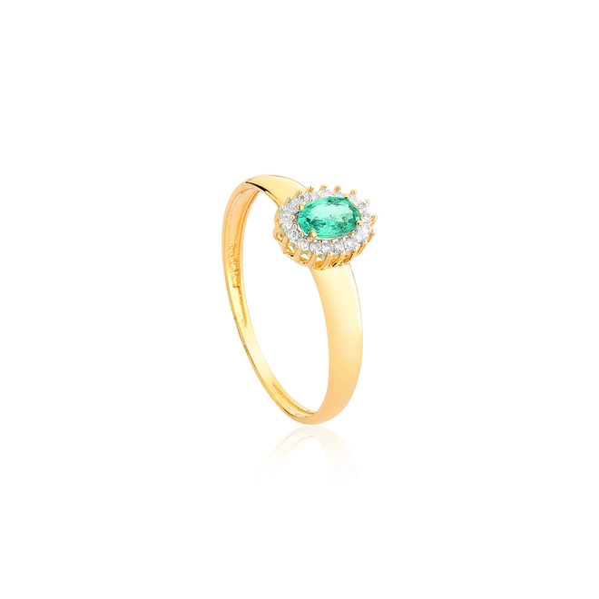 Anel Laurel oval de Esmeralda ouro 18k contorno de Diamantes 1