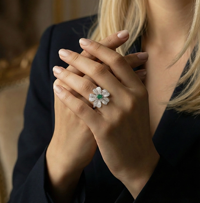 Anel Jardim Secreto ouro branco 18k flor de Diamantes e Esmeralda 2