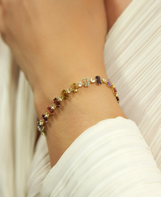 Pulseira Baguettes Riviera articulada ouro 18k com mix de Gemas 20cm 1