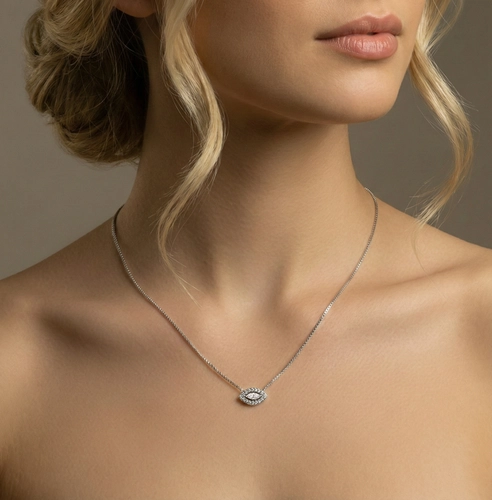 Pingente Occhio ouro branco 18k navete com 20pts de Diamantes