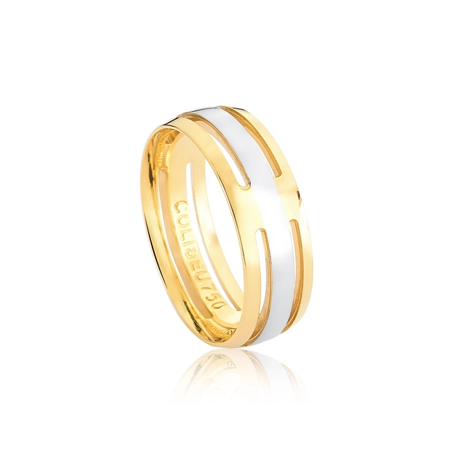 Aliança Per Amore ouro 18k meia cana friso ouro branco vazada 6MM 1