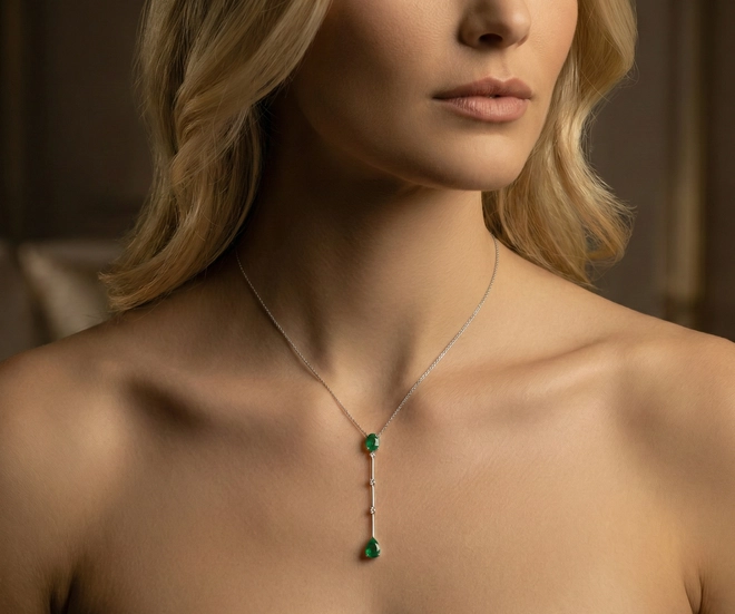 Gargantilha Riva gravatinha ouro branco 18k com gemas Esmeraldas e Diamantes 2