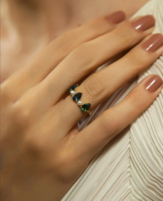 Anel Cocktail gotas de Gemas Brasileiras ouro 18k com Pérolas 2