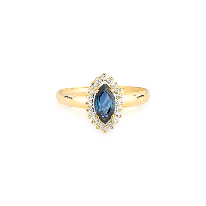 Anel Laurel navete de Safira azul ouro 18k contorno de Diamantes 3