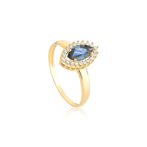 Anel Laurel navete de Safira azul ouro 18k contorno de Diamantes