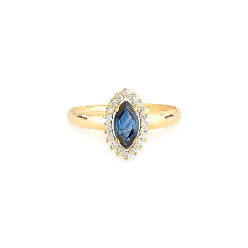 Anel Laurel navete de Safira azul ouro 18k contorno de Diamantes
