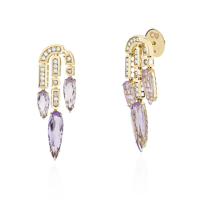 Brinco Colosseo Cascata módulos simétricos ouro 18k com Diamantes e Ametista Lavanda 1