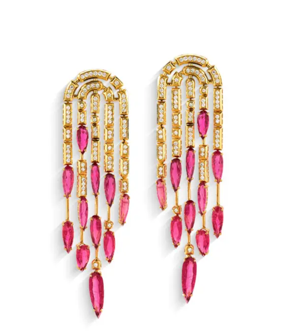 Brinco Colosseo Cascata em ouro 18k módulos simétricos com Diamantes e Turmalina Rosa 1