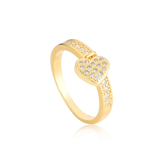 Anel For me com pingente prata 925 dourado meio aro e coração com pavê de Zircônias 1