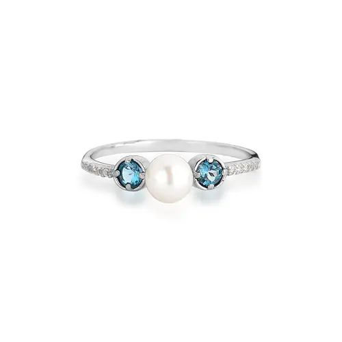 Anel For me Bauhaus prata 925 de Topázios brancos e London com Pérola