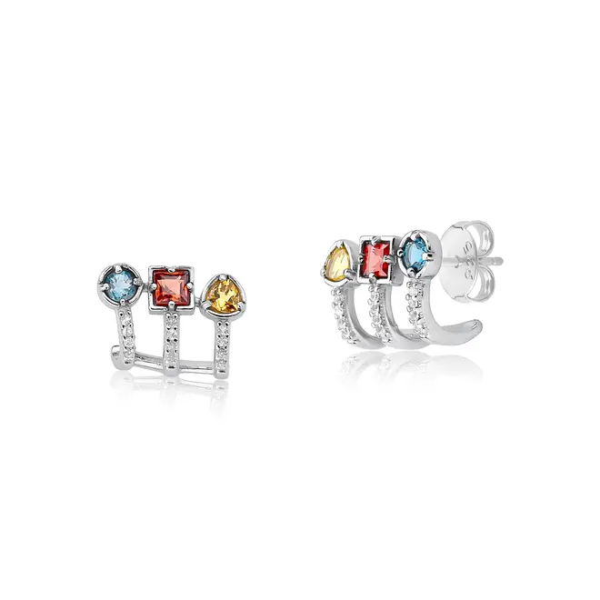 Brinco For me Bauhaus prata 925 stud encaixe mix de Gemas brasileiras 1