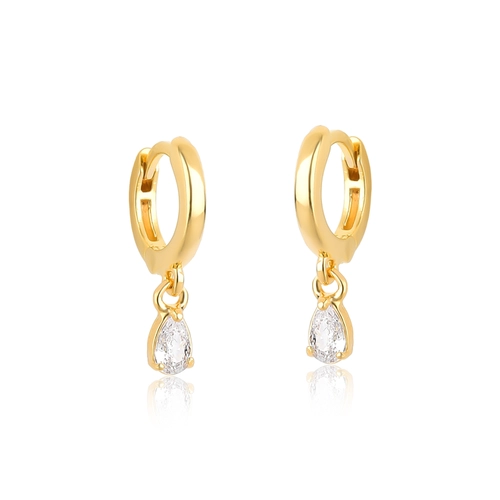 Brinco For me argola click prata 925 dourada pingente gota de Zircônia branca