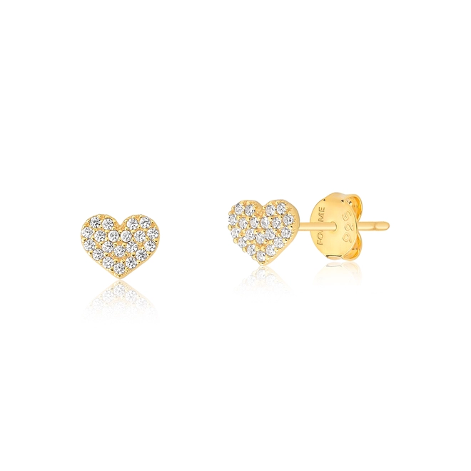 Brinco For me Stud coração prata 925 dourado com pavê de Zircônias 1