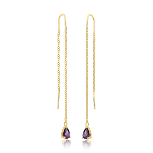 Brinco For me Ear Line corrente prata 925 dourada com gota de Zircônia lilás