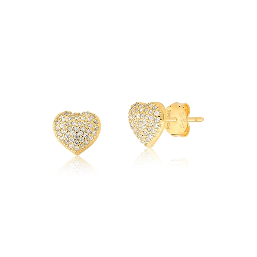 Brinco For me Stud coração prata 925 dourada pavê de Zircônias