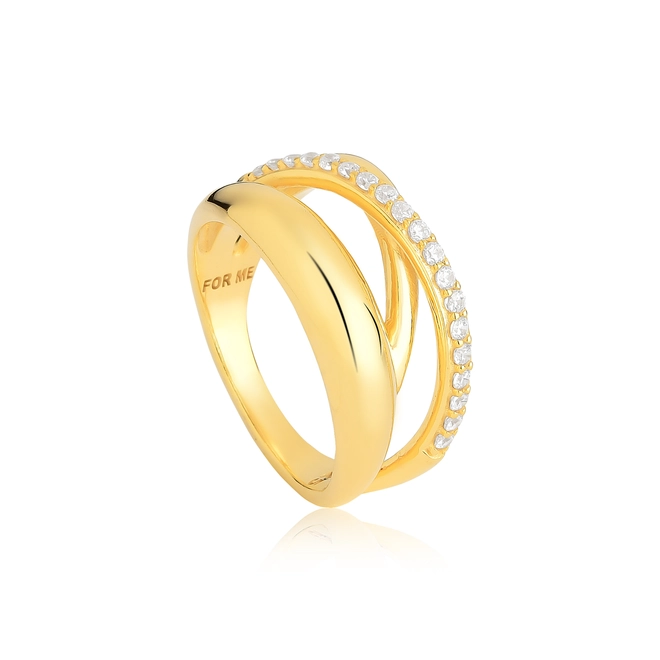 Anel For me abaulado aros cruzados prata 925 dourada com aro de Zircônias 1