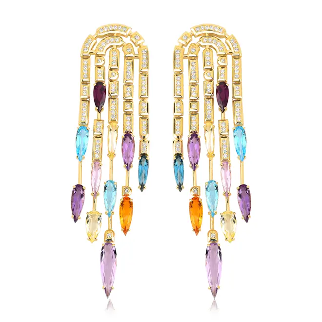 Brinco Colosseo Cascata módulos simétricos ouro 18k com Diamantes e gotas de Gemas brasileiras 1