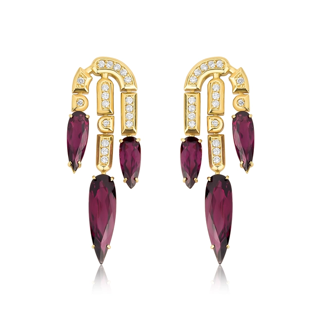 Brinco Colosseo Cascata em ouro 18k módulos com Diamantes e gotas de Rodolita 1