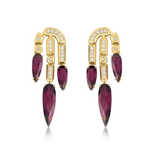 Brinco Colosseo Cascata em ouro 18k módulos com Diamantes e gotas de Rodolita