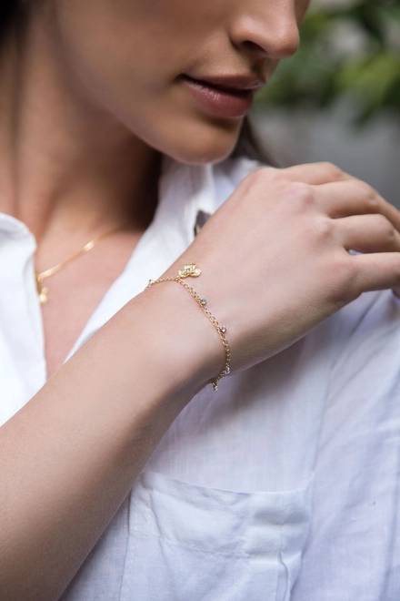 Pulseira Printemps elos com flor filigrana ouro 18k Tanzanita e mix de Gemas 4