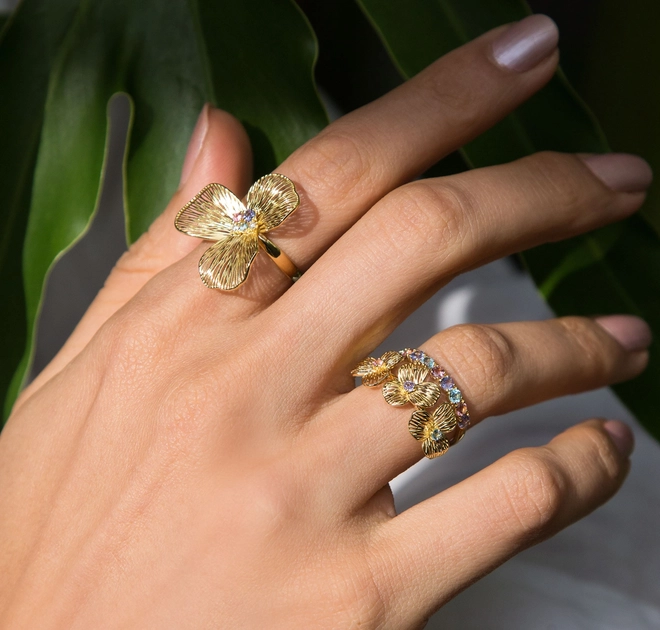 Anel Printemps flor filigrana 3 pétalas ouro 18k mix Gemas Naturais e Diamante 2