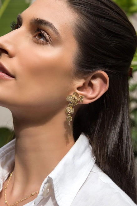 Brinco Printemps pingente 3 flores filigrana ouro 18k mix de Gemas e Diamantes 4