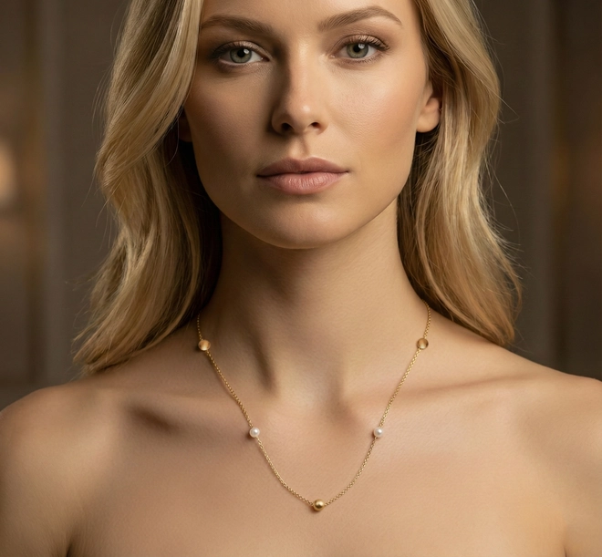 Gargantilha de elos ouro 18k com bolinhas polidas e Pérolas 40cm 2