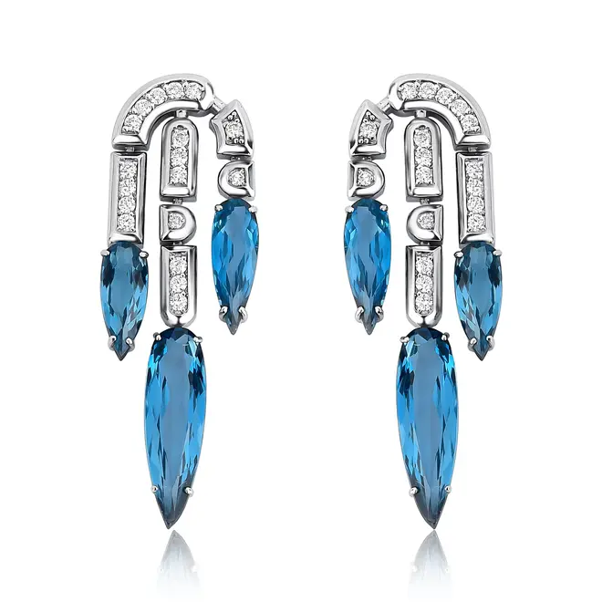 Brinco Colosseo Cascata em ouro branco 18k módulos com Diamantes e gota de Topázio London 1
